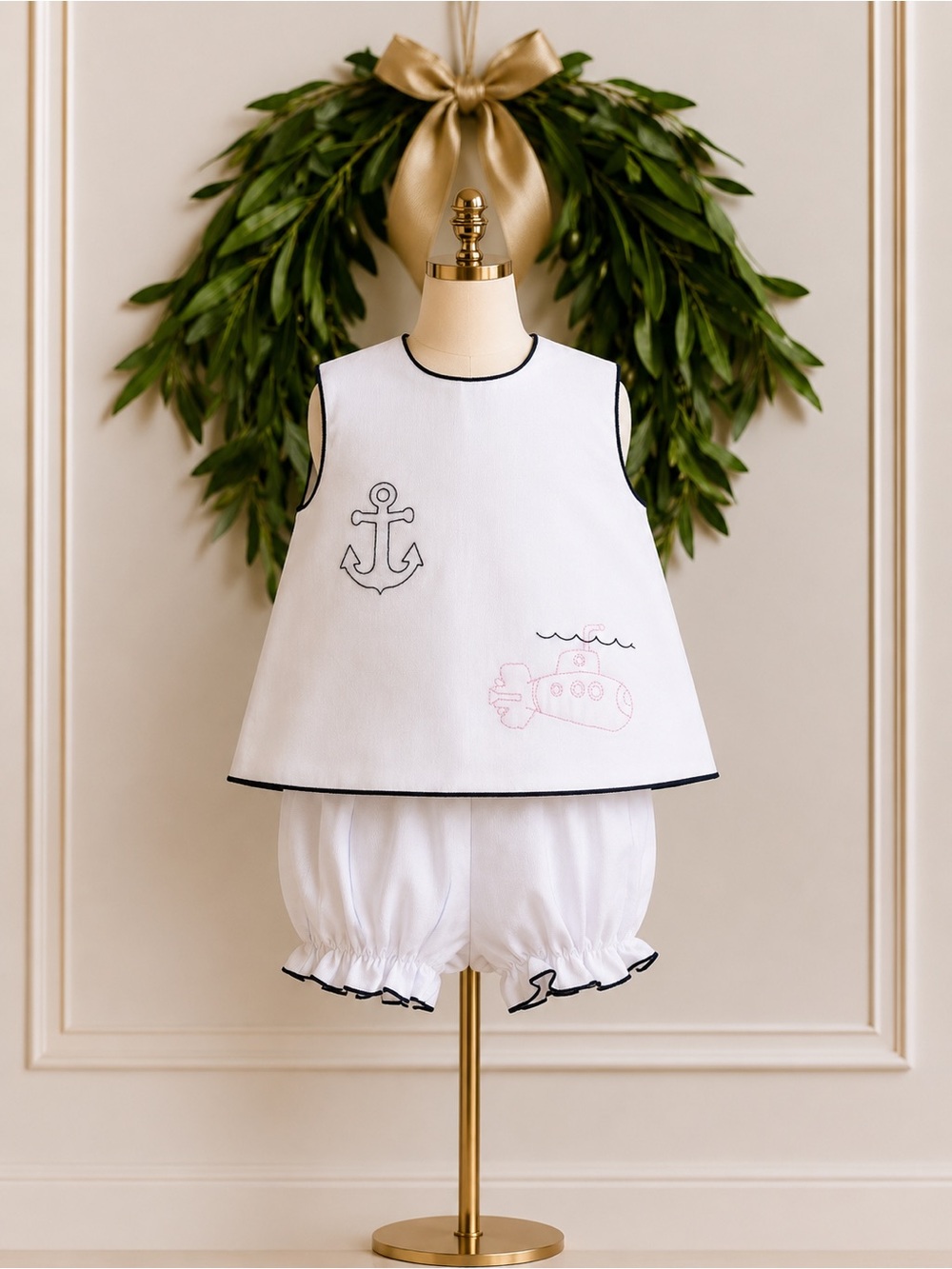 Lullaby Set Nautical White Navy Blue Pink Embroidered Top & Bloomers Set